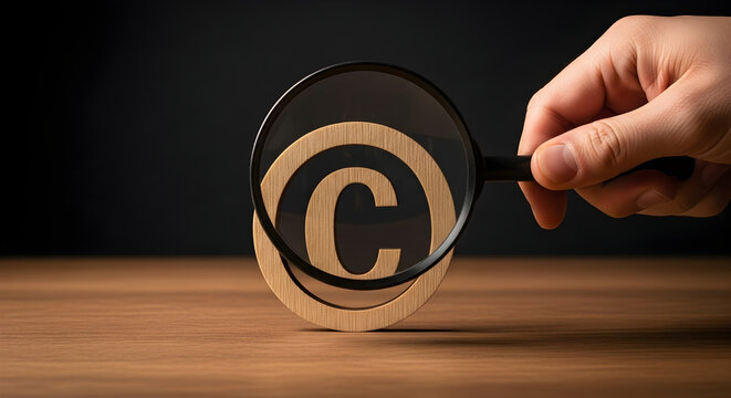 Copyright symbol is magnified by a hand holding a magnifying glass on a wooden surface emphasizing intellectual property and legal protection for creative works and content rights