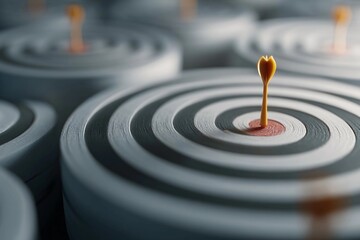 Target with arrow standing out in concentric circles on a grey surface in a minimalist design