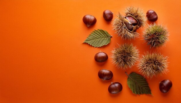 chestnuts and burrs on orange with copy space