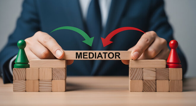 Mediator connecting opposing sides with wooden blocks and pawns symbolizing conflict resolution negotiation and agreement in business legal and personal relationships