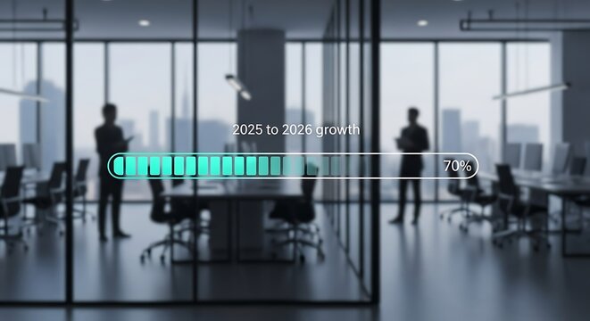 Office interior with progress bar showing 2025 to 2026 growth at 70 percent loading