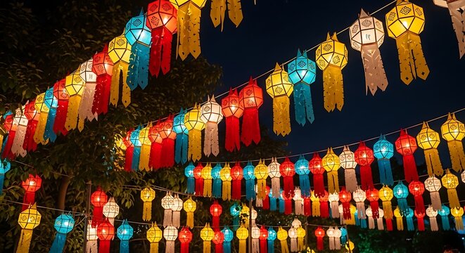 Colorful paper lanterns illuminate a night scene festive decorations overhead