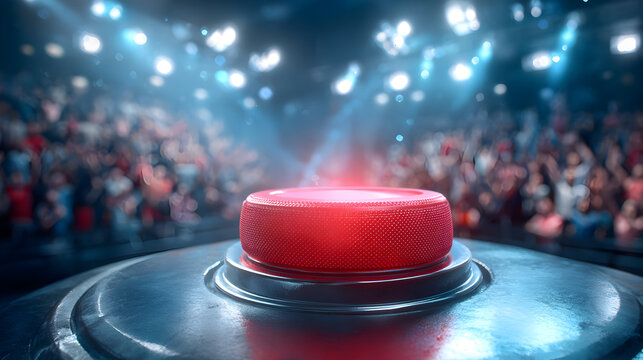 Exciting game show with dramatic glowing red buzzer in spotlight