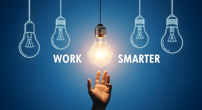 Conceptual artwork showcasing the phrase "Work Smarter" with illuminated lightbulbs and a hand reaching upwards on a blue background symbolizing innovation and creative solutions for business success