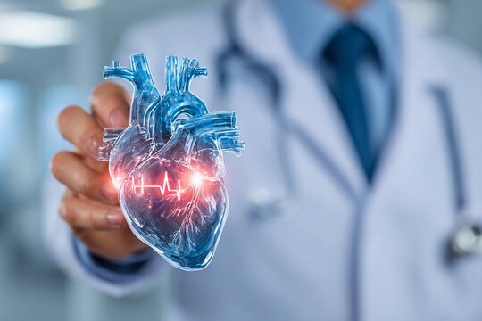 Doctor demonstrates a detailed heart model during a medical presentation in a bright clinic setting - Powered by Adobe