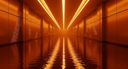 Futuristic Orange Lit Tunnel with Water Reflection and Abstract Wall Designs, Captivating Architectural Interior.