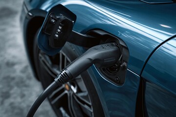 Electric vehicle charging at a modern charging station in a city during daylight hours
