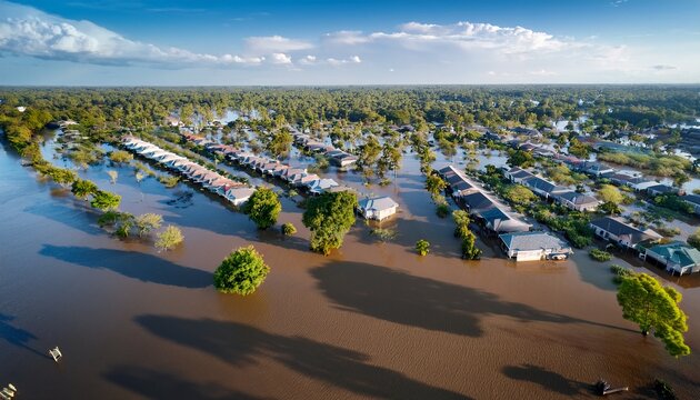 aerial flooded houses floodplain disaster suburb water climate change emergency aerial view of flooded suburb wide floodplain houses and trees