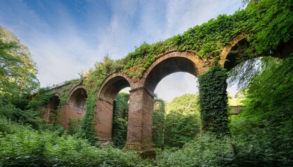 ancient brick aqueduct with arches overgrown with greenery surrounded by trees and lush vegetation © Miguel