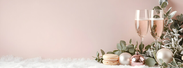 A snow-covered floor with champagne glasses, Christmas tree baubles, macarons, and eucalyptus leaves, against a soft pink background