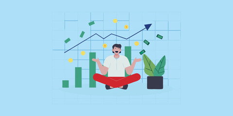 Man meditating amidst financial growth and falling money