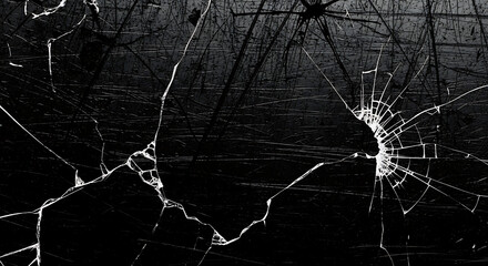 Closeup of a shattered glass surface with sharp, intricate cracks radiating from a central impact point, creating a dark, abstract texture
