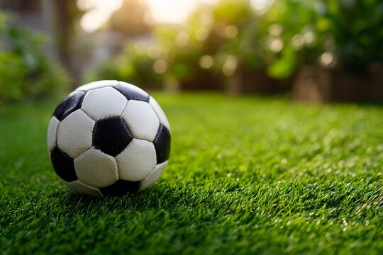 Soccer ball resting on green grass in a backyard during a sunny afternoon - Powered by Adobe
