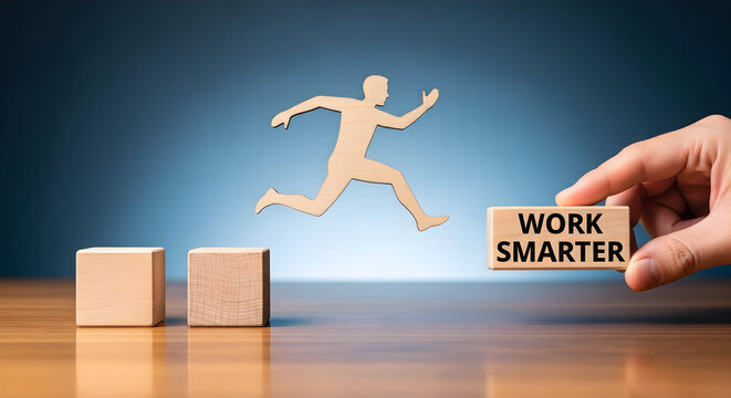 Wooden figure jumping over blocks with a "work smarter" message symbolizing efficiency and strategic thinking for business success and career advancement in a competitive environment