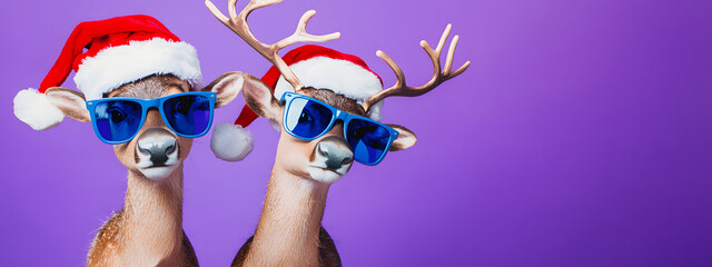 Two cute reindeer wearing Santa hats against a purple studio background - a creative New Year's banner with copyspace