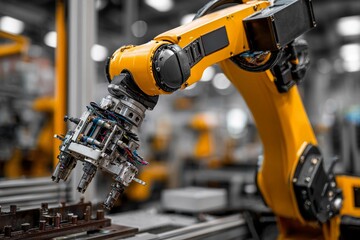 Robotic arm assembling components on a production line in a modern manufacturing facility