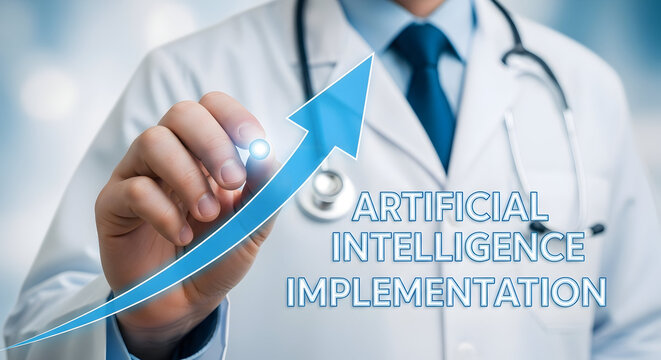 Doctor in lab coat points to an upward trending arrow representing artificial intelligence implementation in healthcare and medicine showcasing technology and innovation for medical advancement
