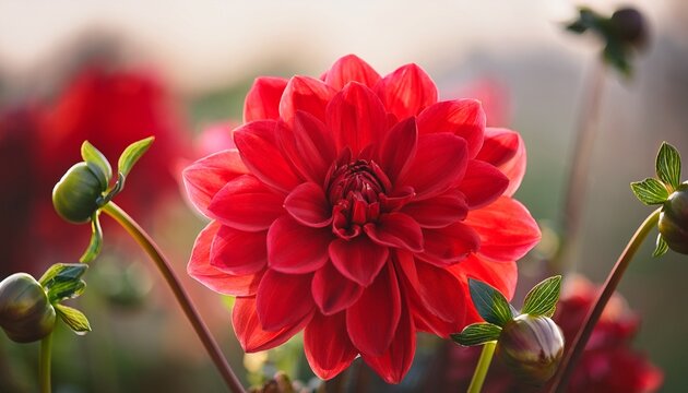 bright red dahlia flower in full bloom with surrounding buds and blurred background