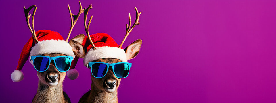 Two cute reindeer wearing Santa hats against a purple studio background - a creative New Year's banner with copyspace