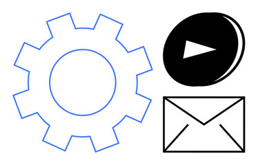 Blue gear, black play button, and envelope outline symbolizing technology, communication, and media. Ideal for productivity, online tools, updates automation innovation connectivity. Simple flat