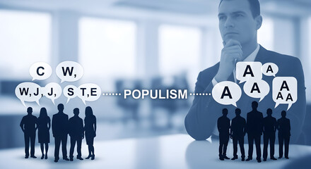 Thoughtful businessman contemplating populism and communication strategies with teams considering diverse perspectives and approaches in a corporate setting fostering collaboration and innovation