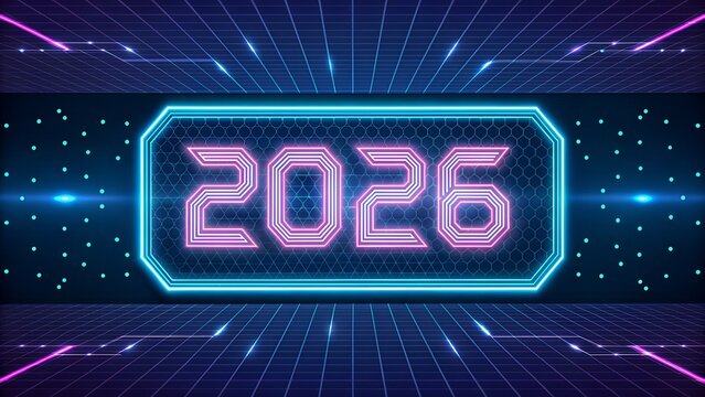 Neon 2026 sign glowing in a retro futuristic grid background for new year designs - Powered by Adobe