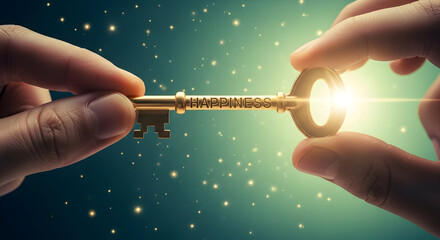 Golden key with the word happiness held by two hands against a sparkling background symbolizing success achievement and the unlocking of potential and opportunities for a brighter future