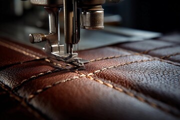 Sewing machine stitching leather with detailed craftsmanship in a workshop setting
