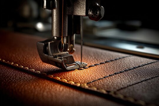 Close-up of a sewing machine working on brown leather stitching in a dimly lit workshop