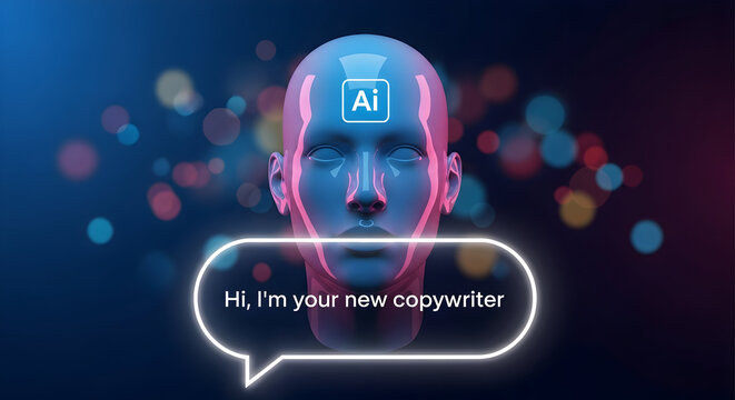 Ai powered copywriter with futuristic design and neon lighting showcasing artificial intelligence and digital marketing solutions for content creation and automated copywriting services online
