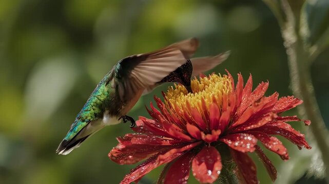 A hummingbird drinking nectar from a vibrant red flower