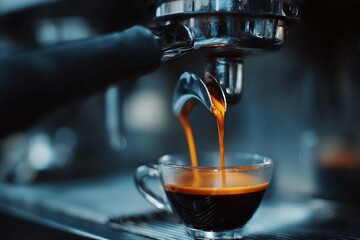 Freshly brewed espresso pouring into a clear glass cup with a shiny coffee machine in the background