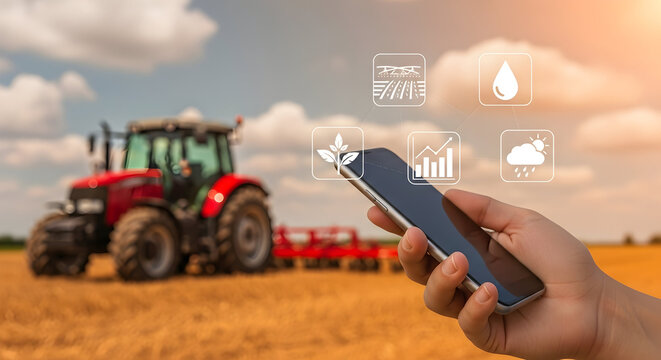 Hand holding smartphone with agricultural icons overlayed showcasing smart farming technology and precision agriculture with a tractor in the background on a sunny day in a field