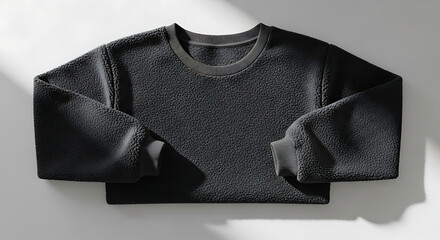 realistic crewneck sweatshirt mockup with folded sleeves, soft fleece texture, natural light highlighting the fabric&rsquo;s softness, dark gray color against a minimal white background--v 6.1 --ar 16:9 --q