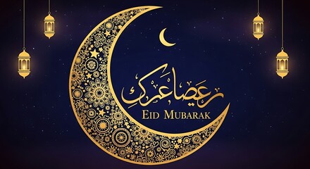 Crescent moon and lanterns illustration for a religious holiday celebration