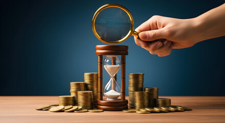 Hand holding magnifying glass over hourglass and gold coins representing time is money investment analysis financial planning and the importance of longterm savings and wealth management