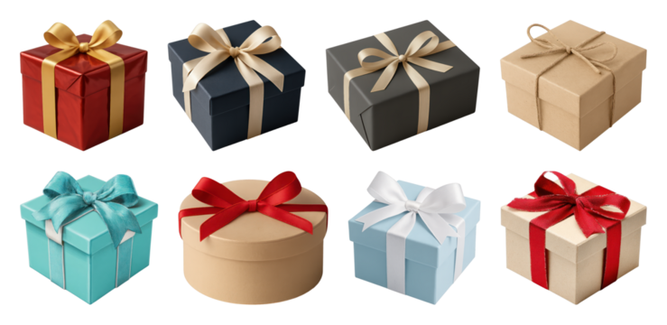 PNG Colorful gift boxes with ribbons, element set on transparent background - Powered by Adobe