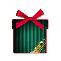 Christmas gift box with a green corrugated background and a red bow. Design element for a Christmas card.