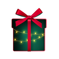 A Christmas box with a garland of lights inside, cut out of paper, on a green background. A design element for a Christmas card.