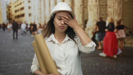 Fototapeta premium Woman wearing white hardhat holding rolled plans on a cobblestone street beside old stone building and pedestrians; quiet determination.