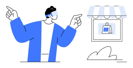 Man wearing AR glasses pointing towards virtual shopping elements, including a storefront and a digital shopping bag. Ideal for technology, e-commerce, AR innovation, retail, futuristic interactions