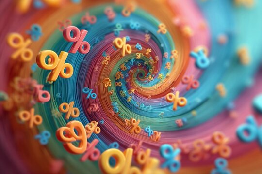 Colorful swirl of percentage symbols floating in motion creates a vibrant and lively pattern in artistic design