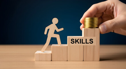 Wooden figure climbing steps towards skills and financial growth with hand placing coins on top symbolizing career development and investment in personal and professional advancement