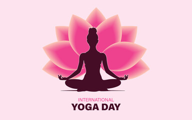 international yoga day. yoga body posture. Woman practicing yoga in lotus position with typography of YOGA. vector illustration design.