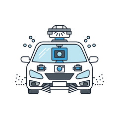 Illustration of a self-driving car with sensors and cameras on a white background.
