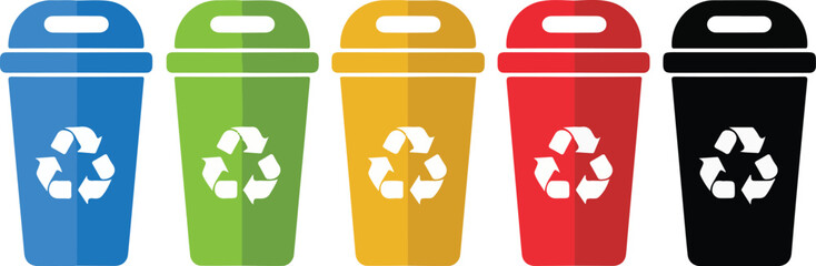 Recycle Bin Vector Icons Set. Eco-Friendly Waste Management Concept. Colorful recycle bins for waste sorting and management icon.