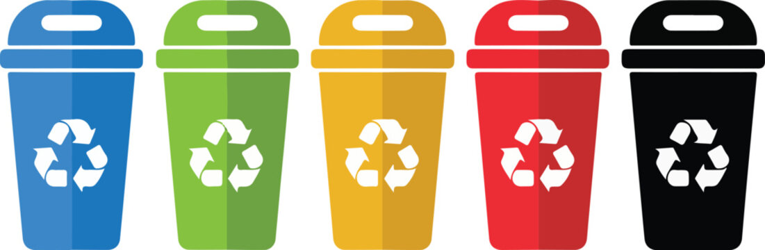 Recycle Bin Vector Icons Set. Eco-Friendly Waste Management Concept. Colorful recycle bins for waste sorting and management icon.
