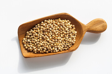 Coriander seeds (Biji ketumbar) on a brown wooden scoop, isolated on a white background.