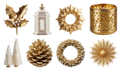 PNG Elegant golden holiday decorations, element set on transparent background