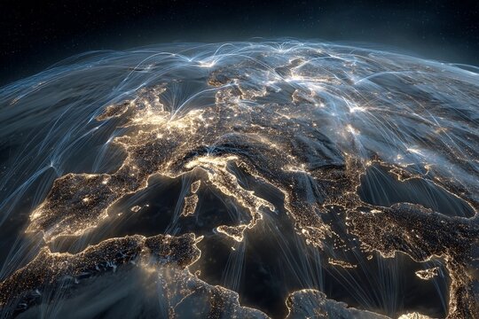 Detailed view of Europe illuminated at night showcasing connectivity with light trails